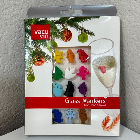 VTG Vacu Vin Glass Markers Suction Cup Set of 12 Christmas Crowd Dishwasher Safe - Picture 1 of 3